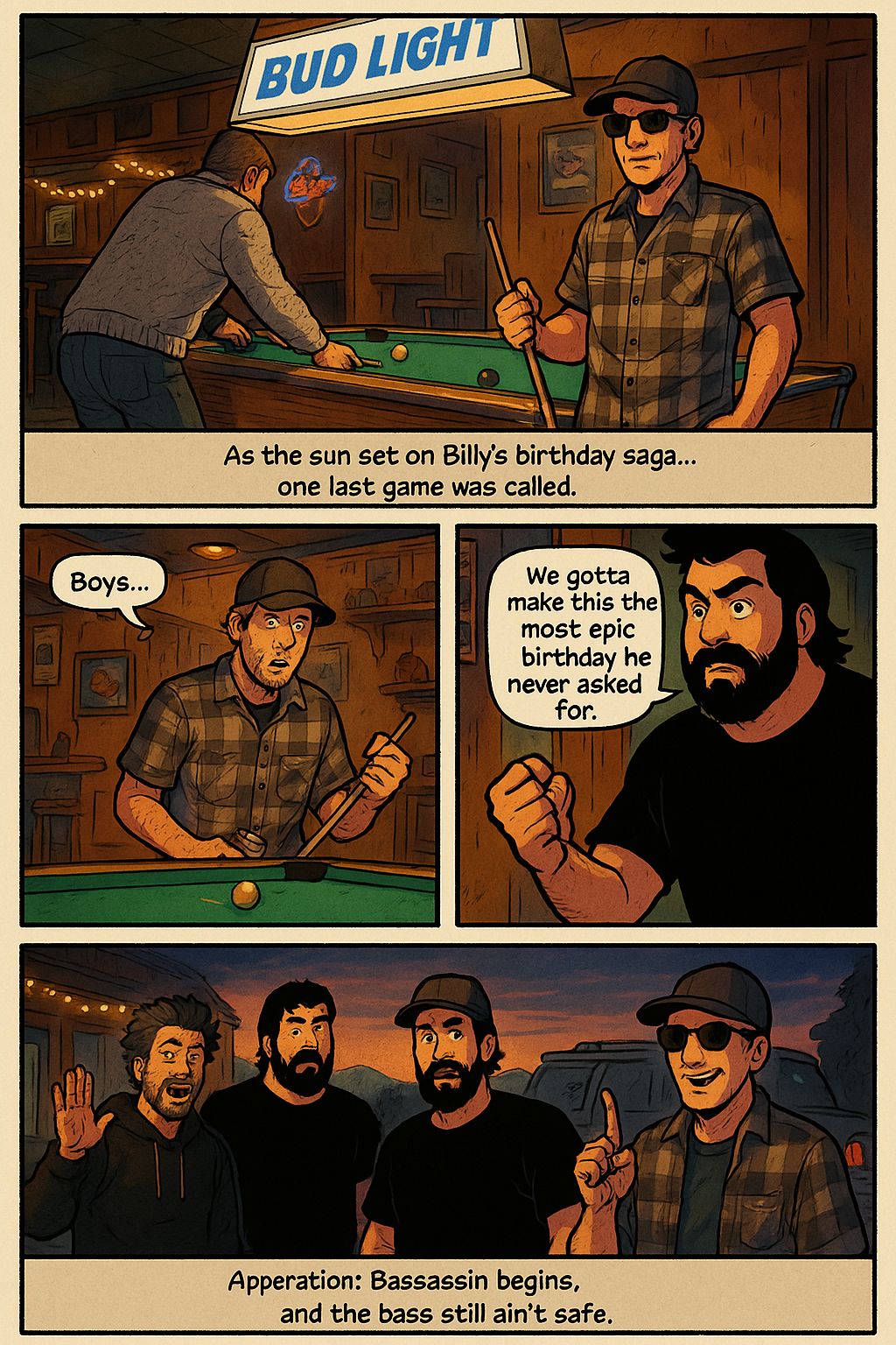 Surron Squad - A comic-style scene at a pool bar