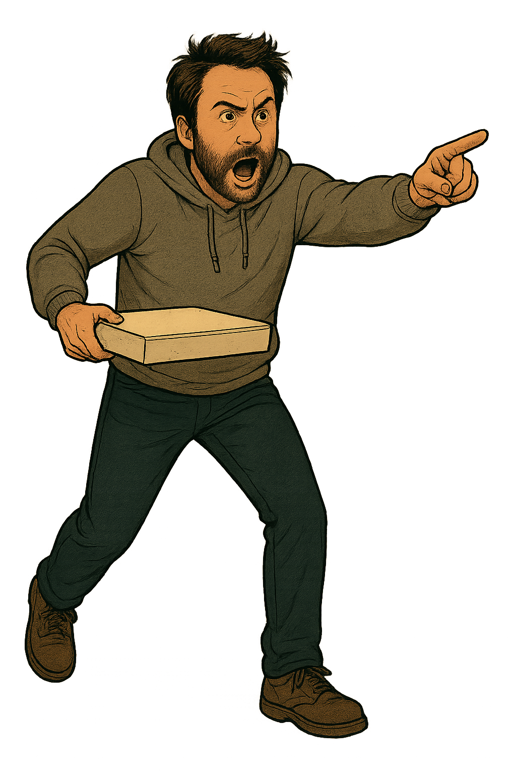Charlie 'Throttle' holding a pizza box and pointing dramatically